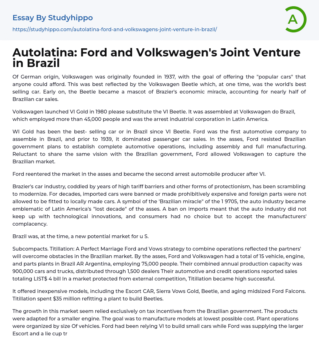 Autolatina: Ford and Volkswagen’s Joint Venture in Brazil Essay Example