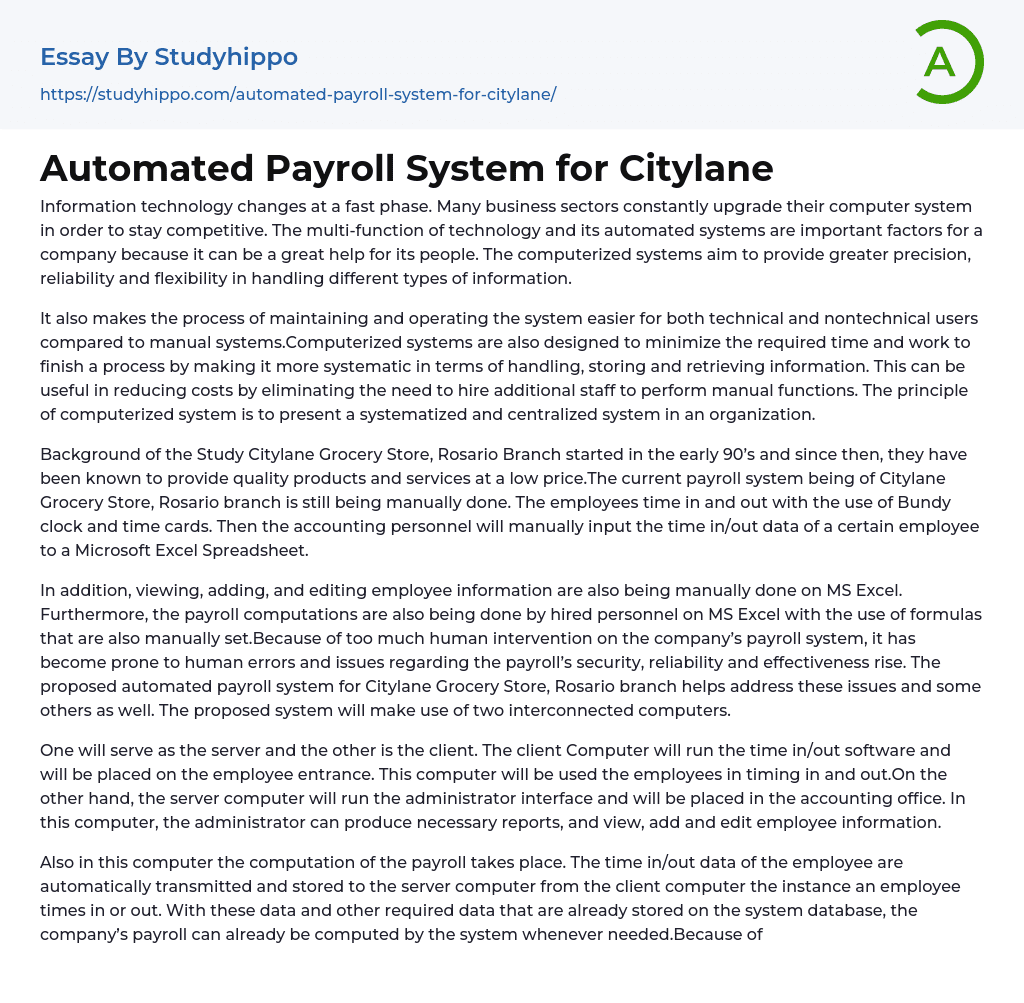 Automated Payroll System for Citylane Essay Example
