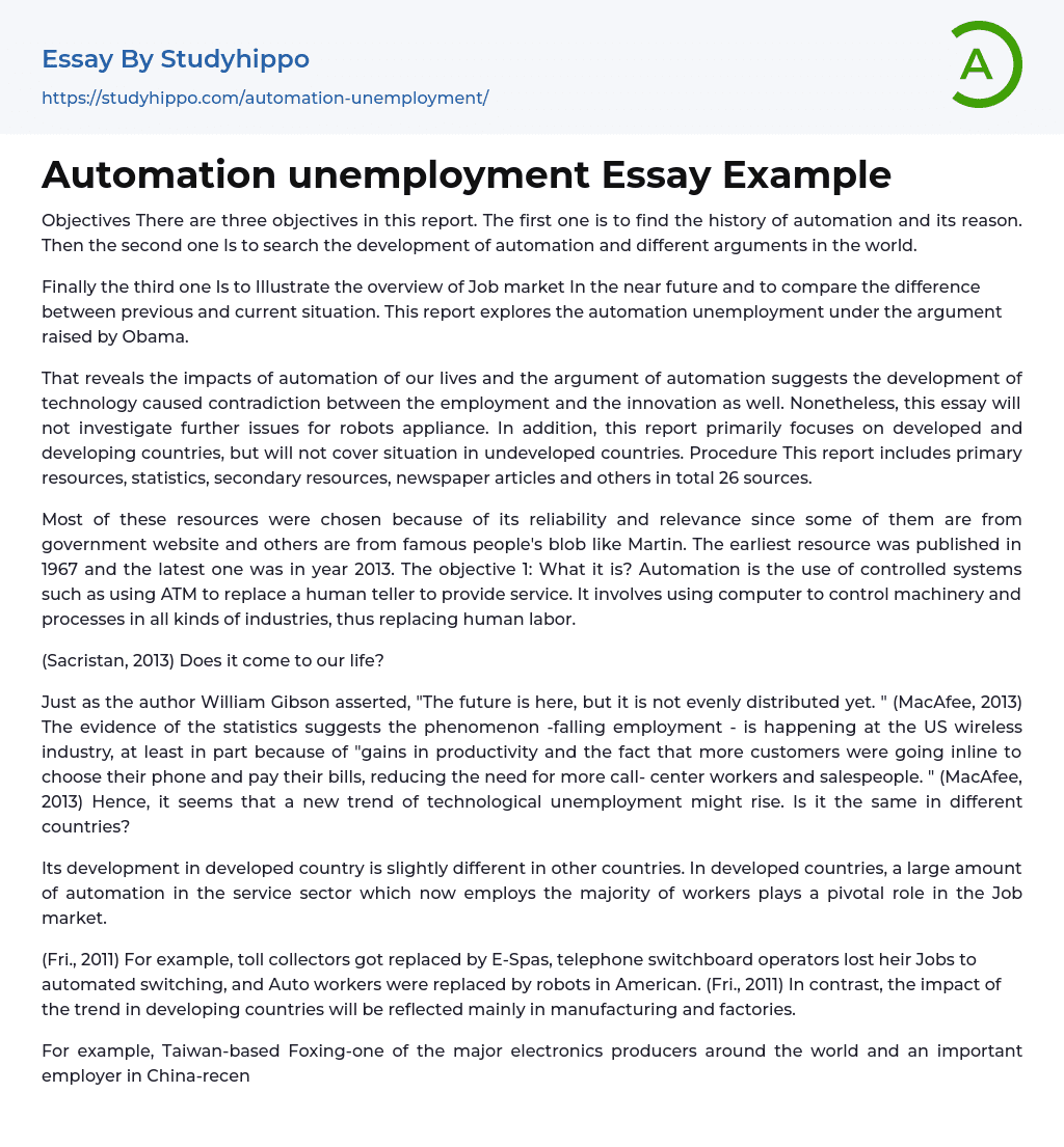 Automation unemployment Essay Example