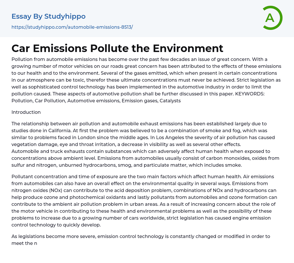Car Emissions Pollute the Environment Essay Example