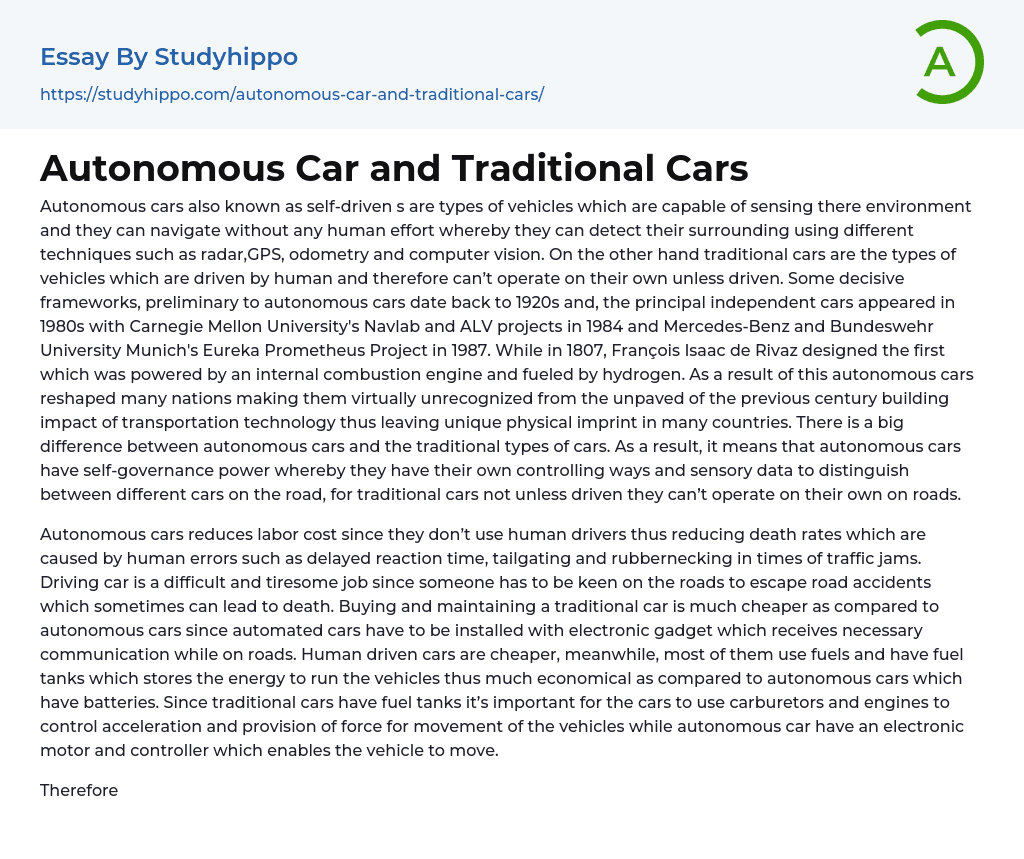 Autonomous Car and Traditional Cars Essay Example