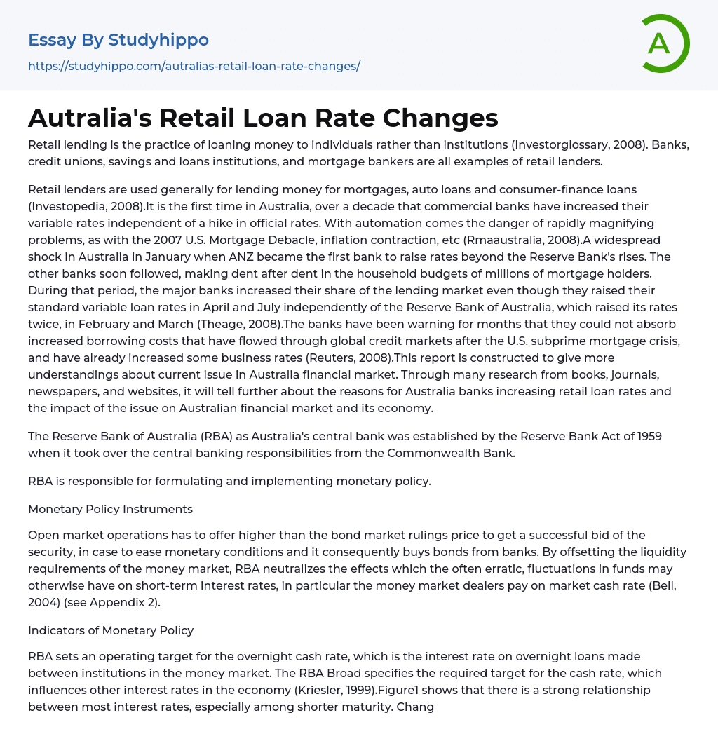 Autralia’s Retail Loan Rate Changes Essay Example