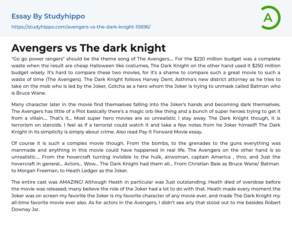 Avengers vs The dark knight Essay Example