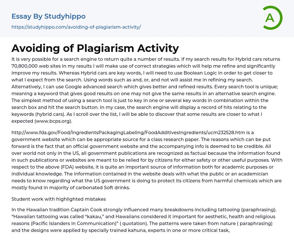 Avoiding of Plagiarism Activity Essay Example