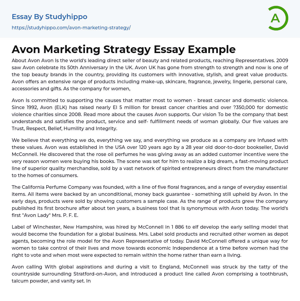 Avon Marketing Strategy Essay Example