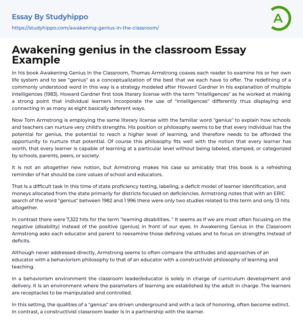 Awakening genius in the classroom Essay Example
