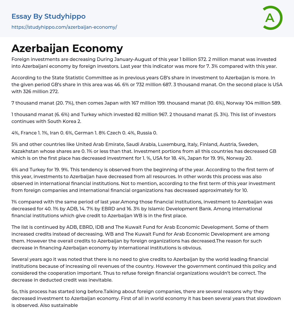 Azerbaijan Economy Essay Example