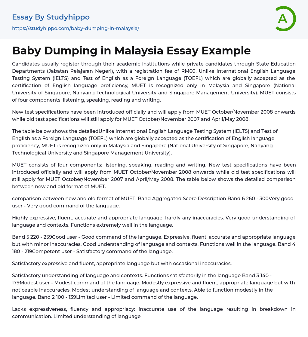 Baby Dumping in Malaysia Essay Example