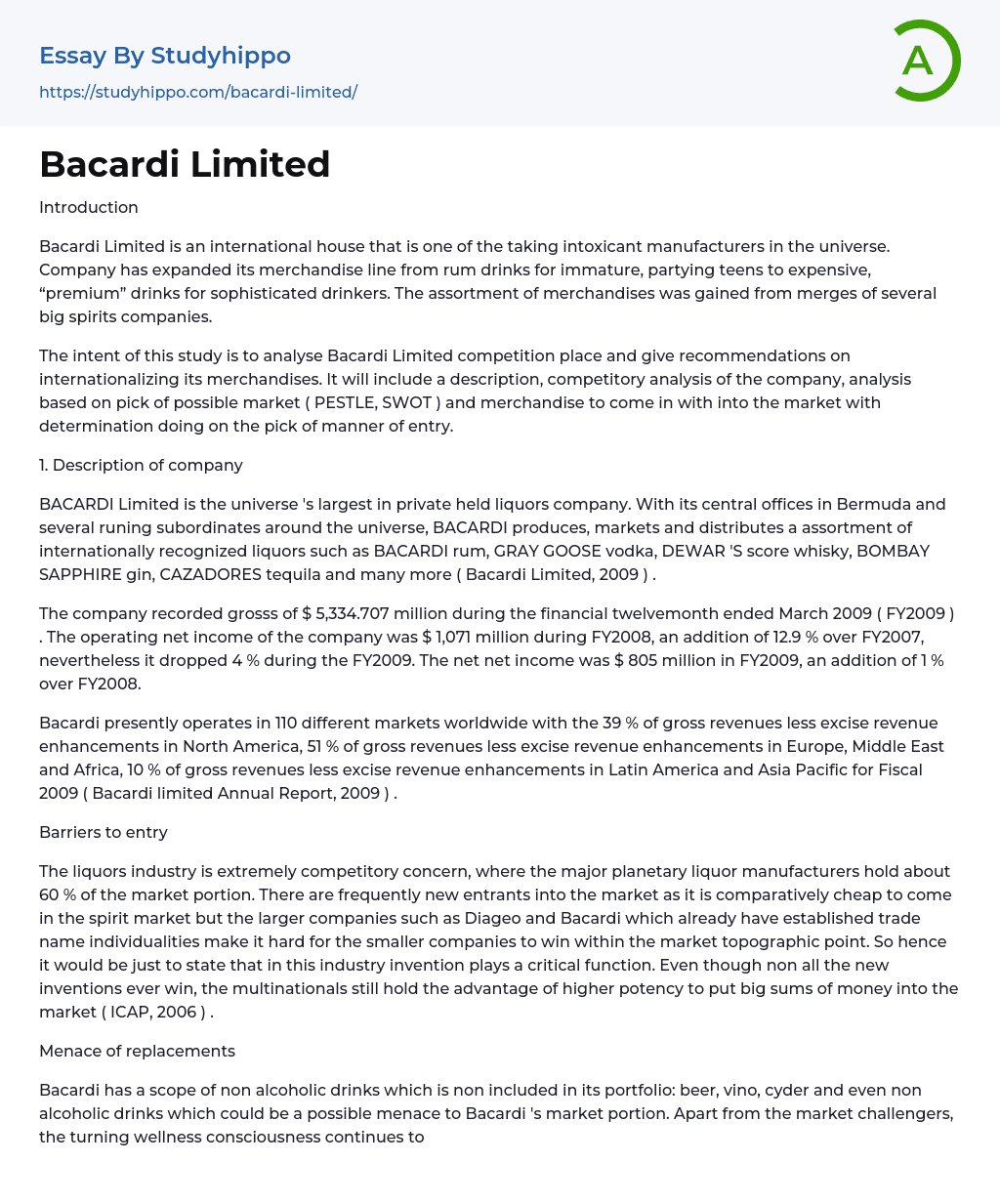 Bacardi Limited Essay Example