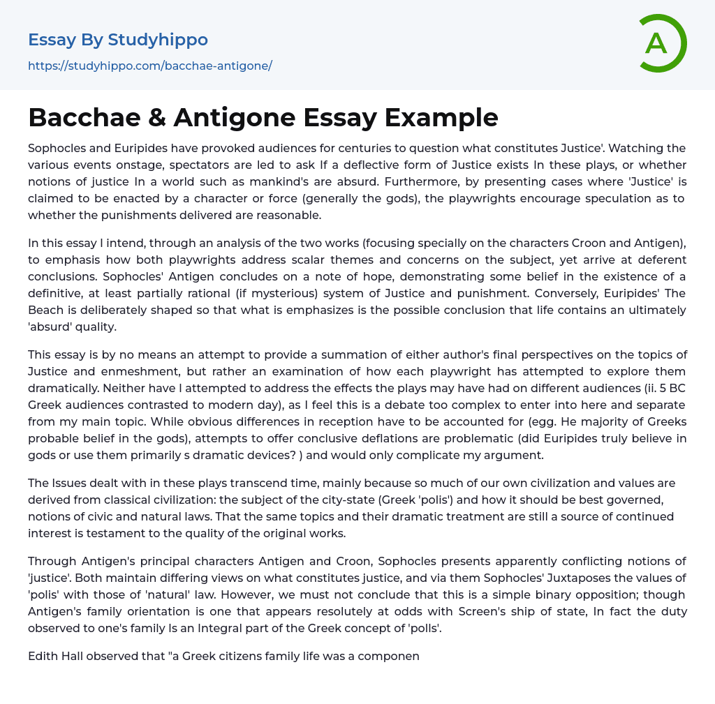 Bacchae & Antigone Essay Example