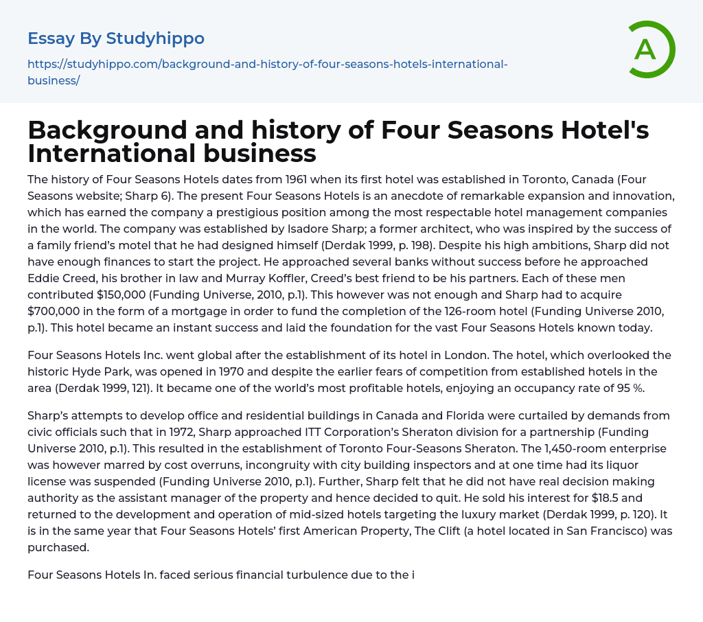Background and history of Four Seasons Hotel’s International business Essay Example