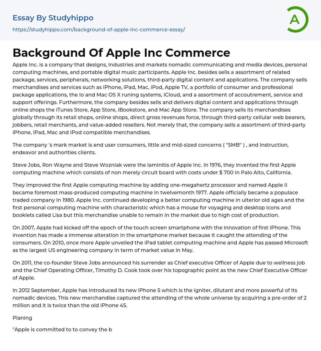 Background Of Apple Inc Commerce Essay Example