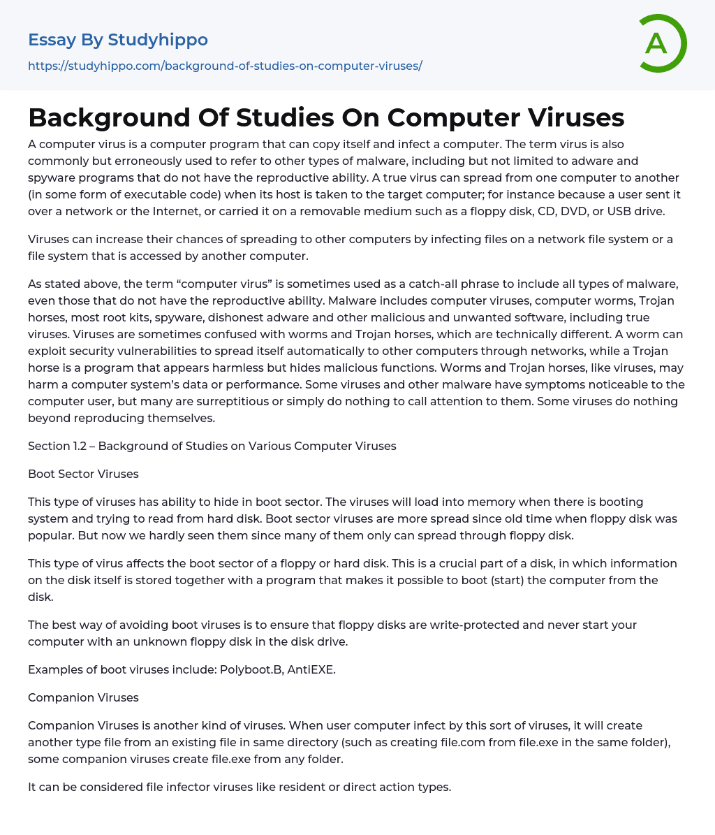 Background Of Studies On Computer Viruses Essay Example