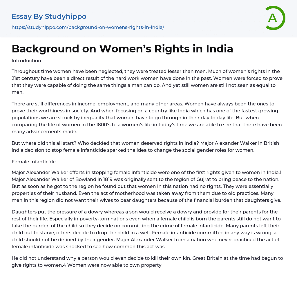 Background on Women’s Rights in India Essay Example