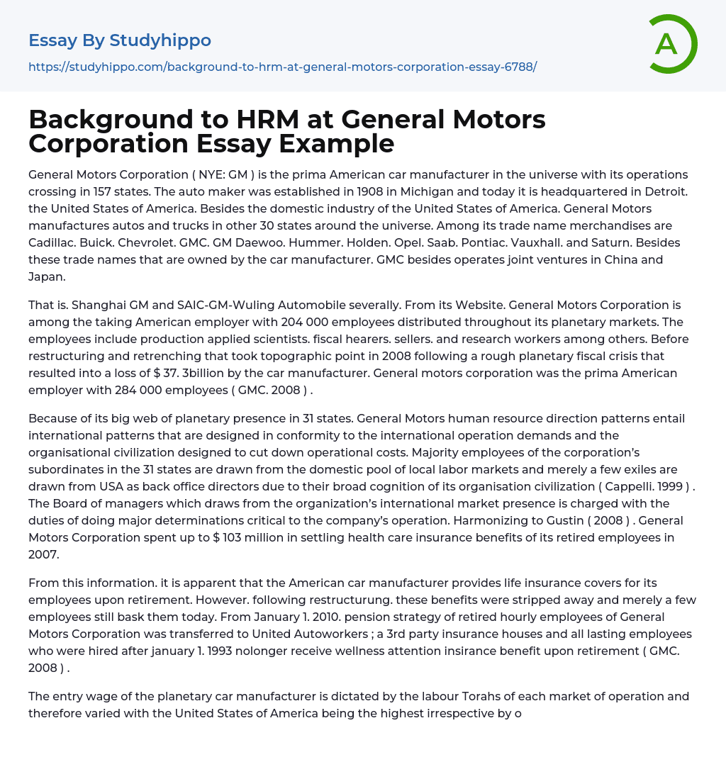 Background to HRM at General Motors Corporation Essay Example