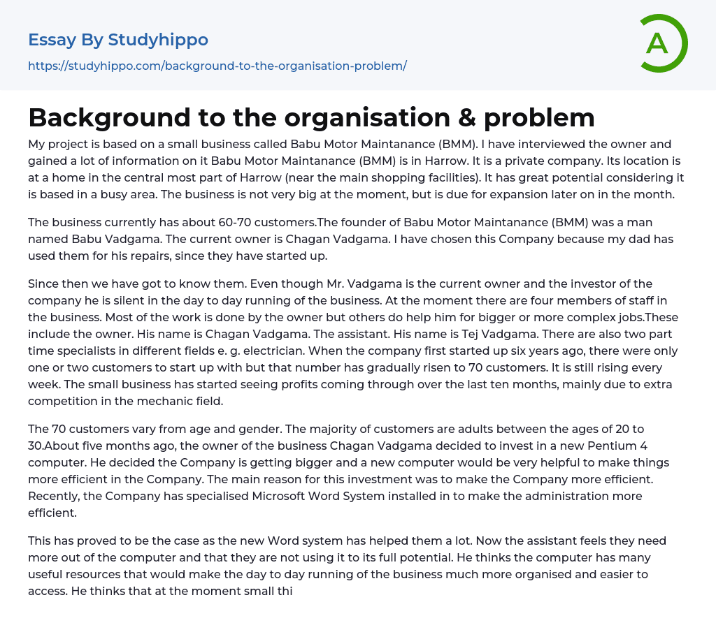 Background to the organisation & problem Essay Example