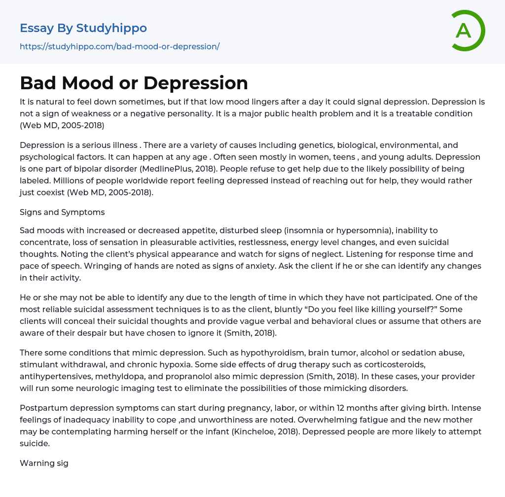 Bad Mood or Depression Essay Example