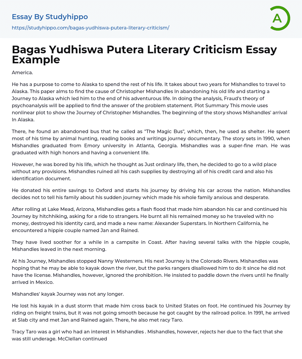 Bagas Yudhiswa Putera Literary Criticism Essay Example
