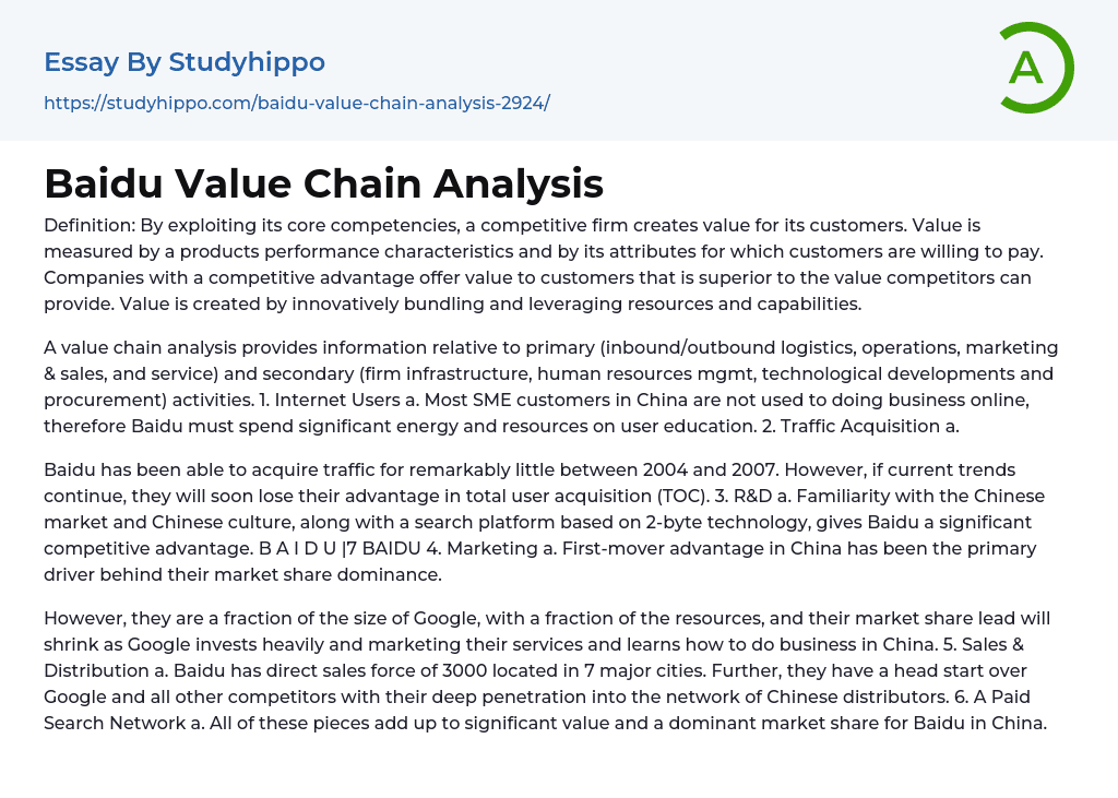 Baidu Value Chain Analysis Essay Example