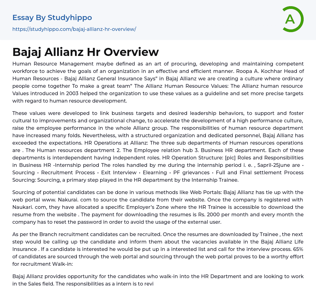 Bajaj Allianz Hr Overview Essay Example