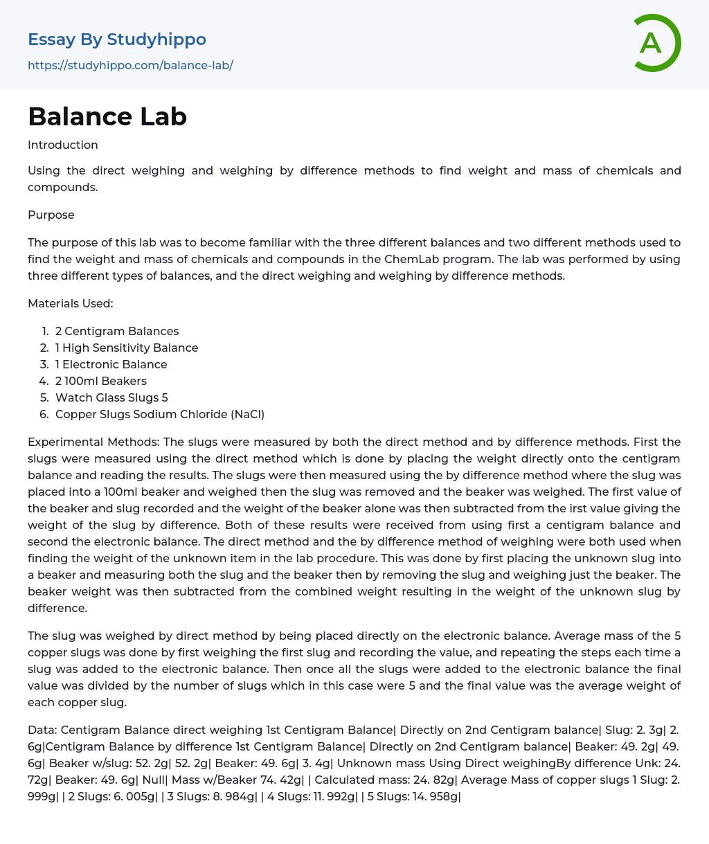 Balance Lab Essay Example