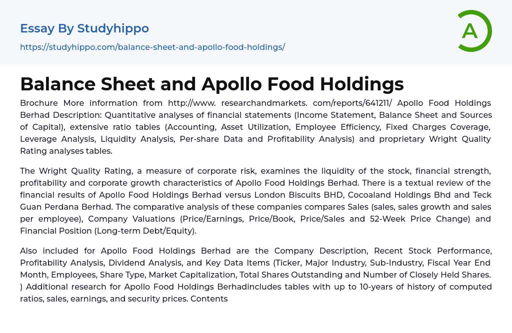 Balance Sheet and Apollo Food Holdings Essay Example