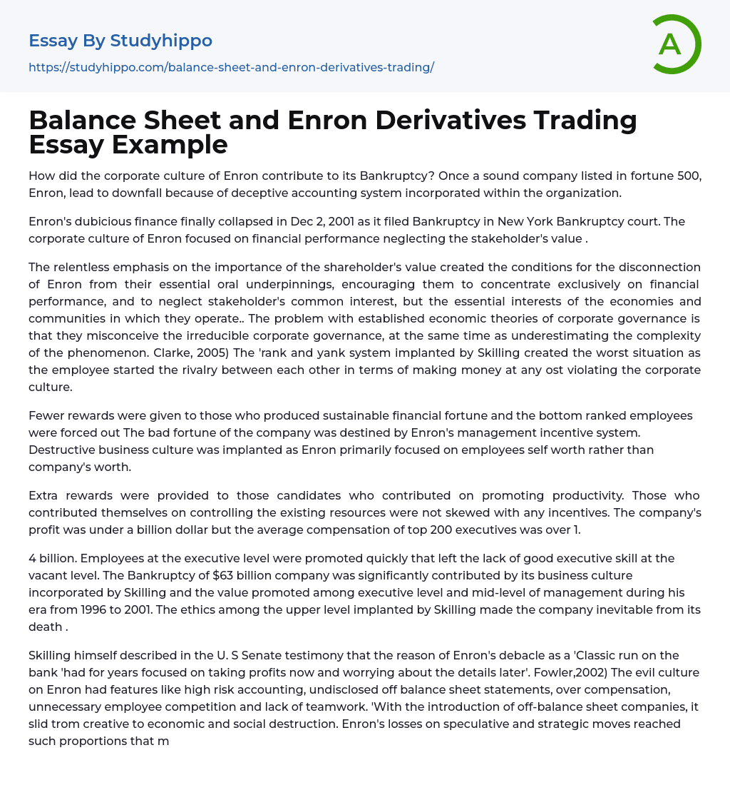 Balance Sheet and Enron Derivatives Trading Essay Example