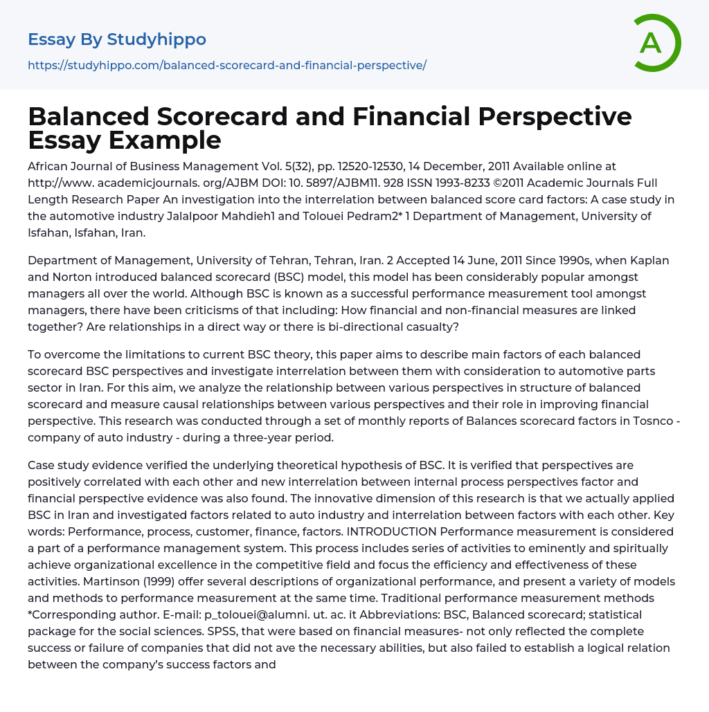 Balanced Scorecard and Financial Perspective Essay Example