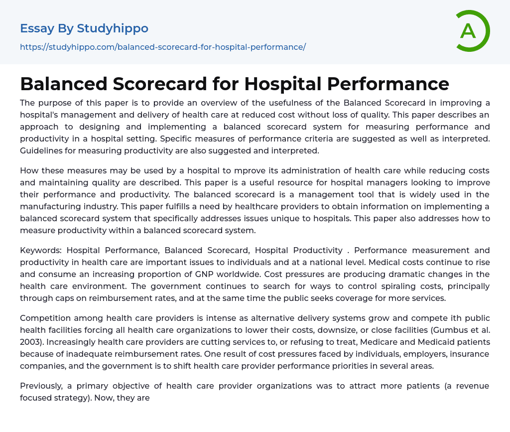 Balanced Scorecard for Hospital Performance Essay Example