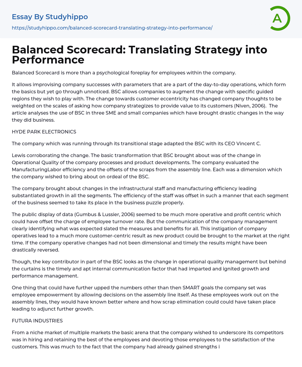 Balanced Scorecard: Translating Strategy into Performance Essay Example