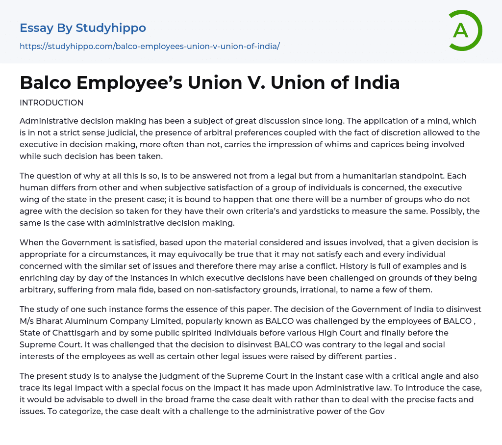 Balco Employee’s Union V. Union of India Essay Example