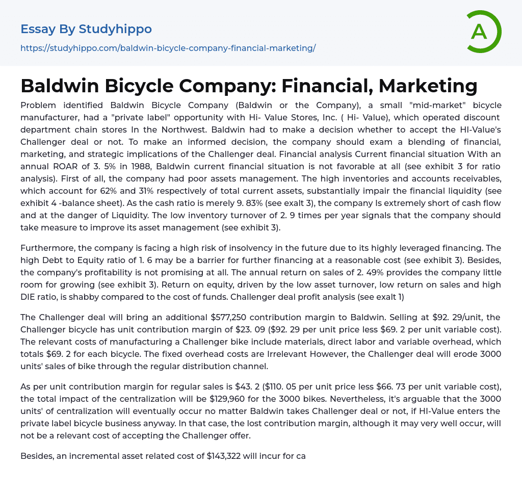 Baldwin Bicycle Company: Financial, Marketing Essay Example