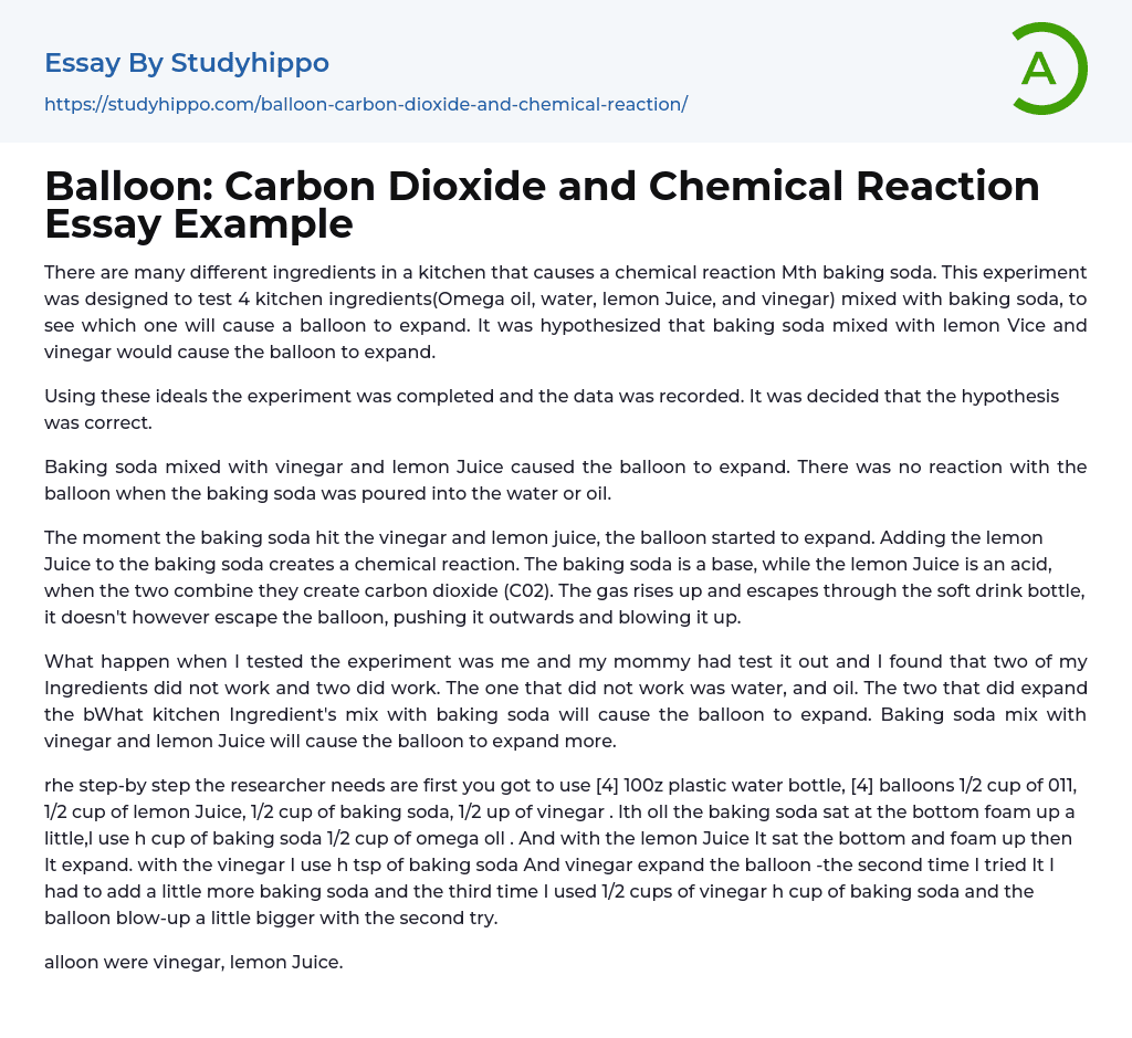 Balloon: Carbon Dioxide and Chemical Reaction Essay Example