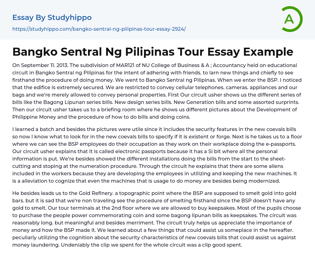 Bangko Sentral Ng Pilipinas Tour Essay Example