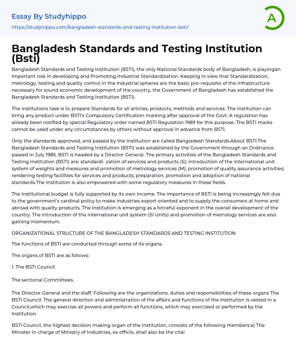 Bangladesh Standards and Testing Institution (Bsti) Essay Example