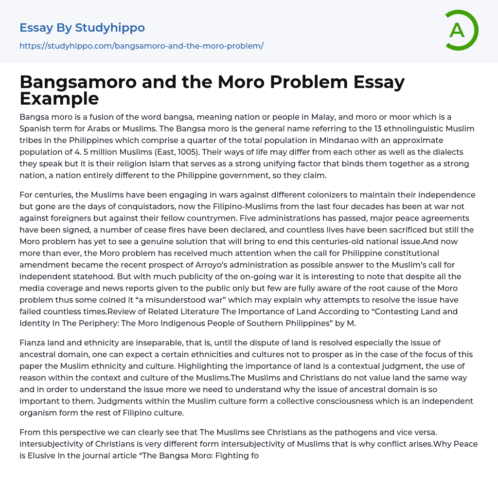 Bangsamoro and the Moro Problem Essay Example