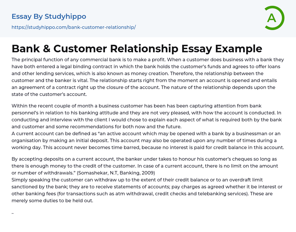 Bank & Customer Relationship Essay Example