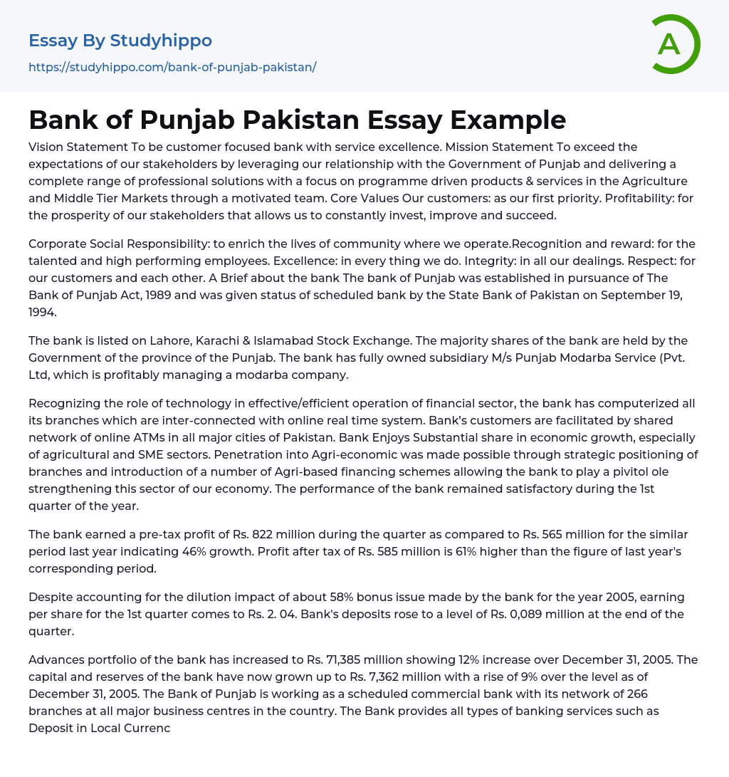 Bank of Punjab Pakistan Essay Example