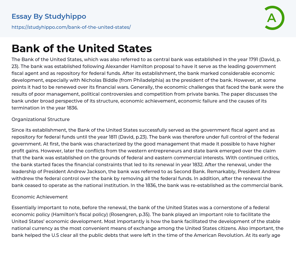 Bank of the United States Essay Example