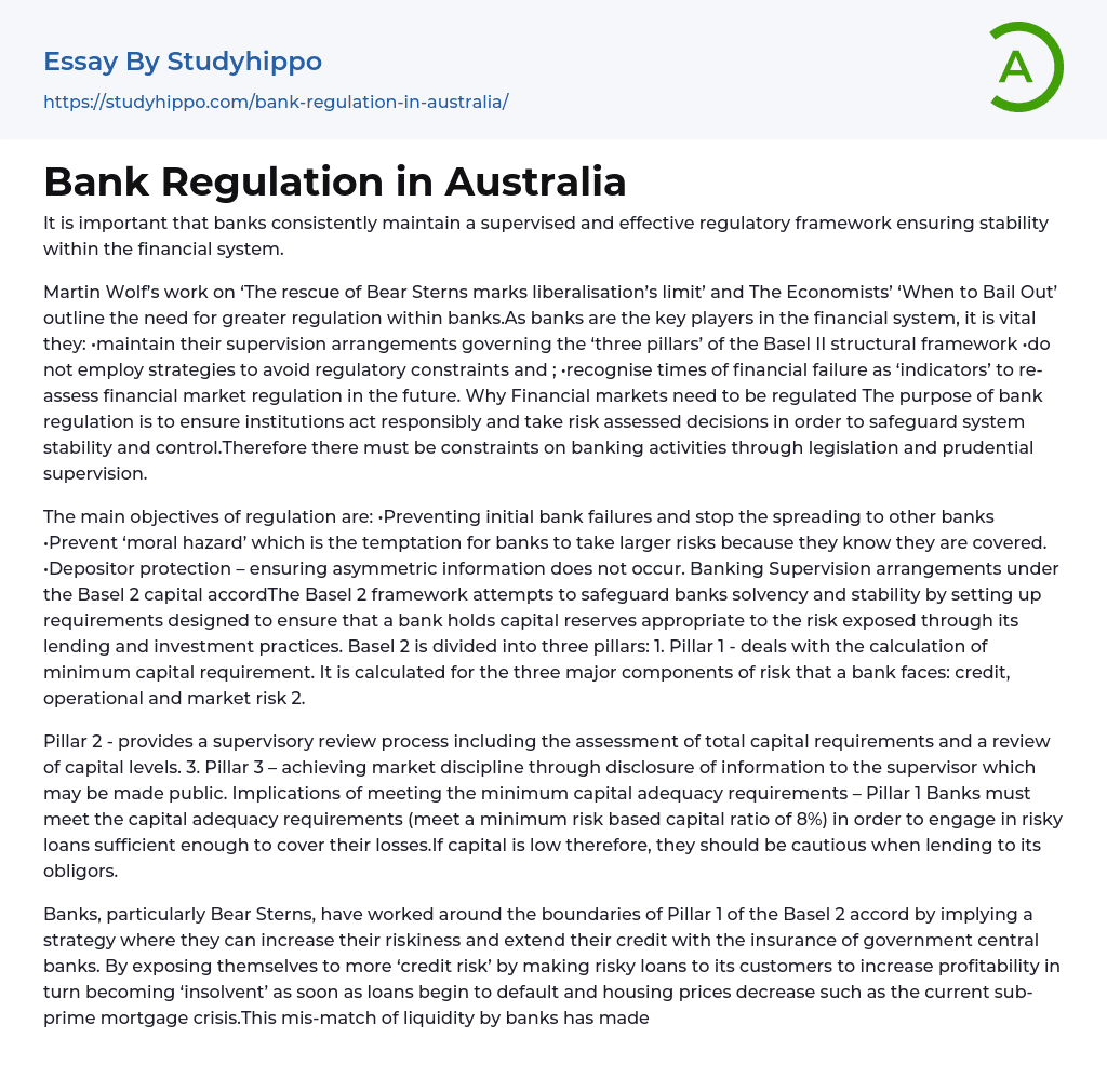 Bank Regulation in Australia Essay Example