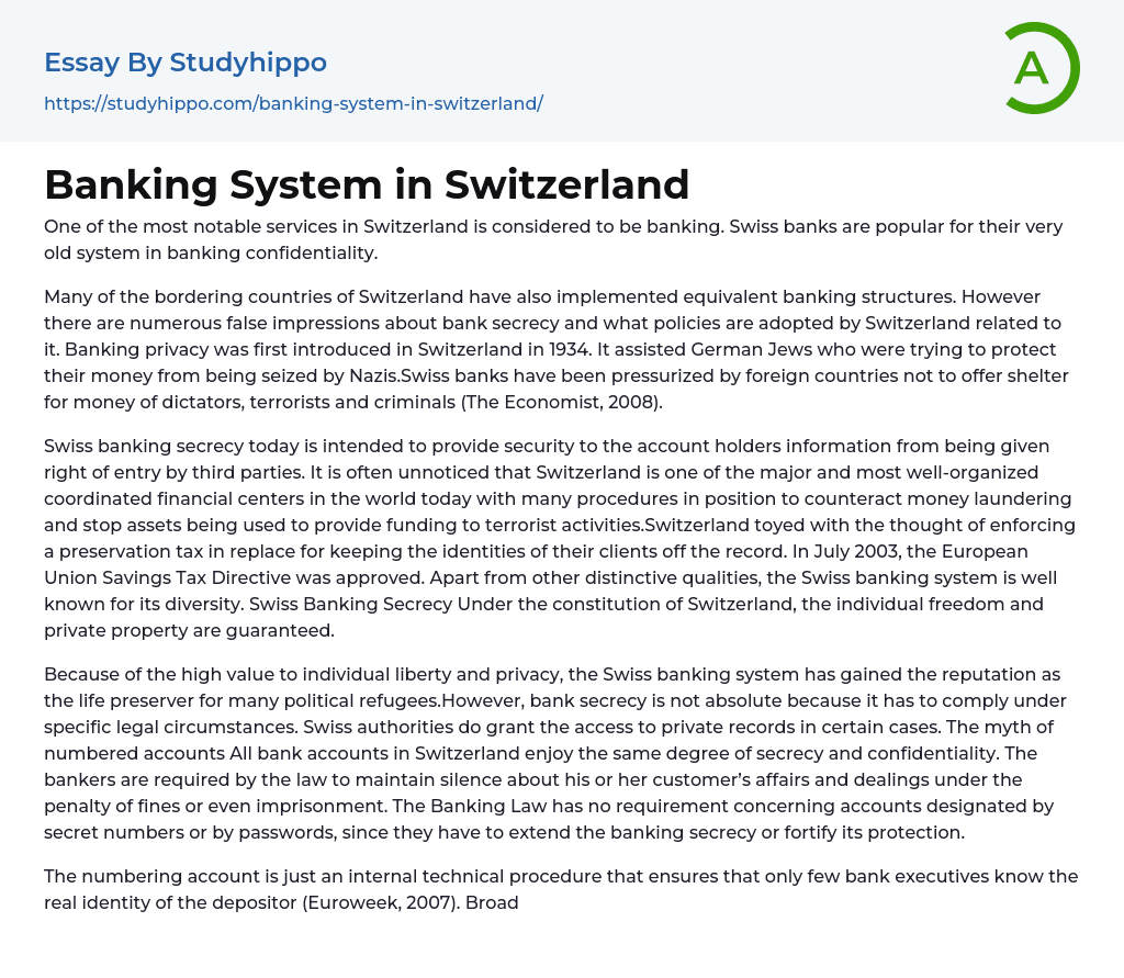 Banking System in Switzerland Essay Example