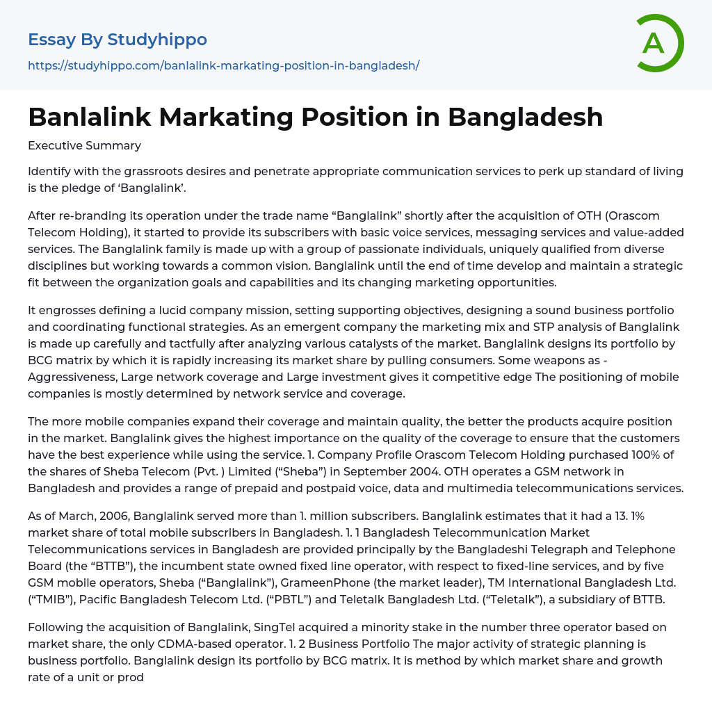 Banlalink Markating Position in Bangladesh Essay Example