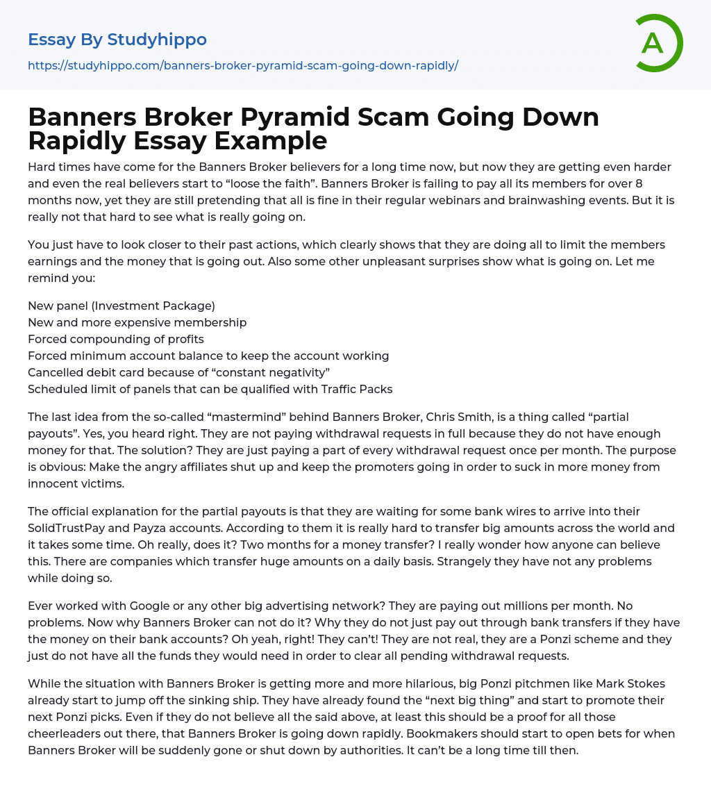 Banners Broker Pyramid Scam Going Down Rapidly Essay Example