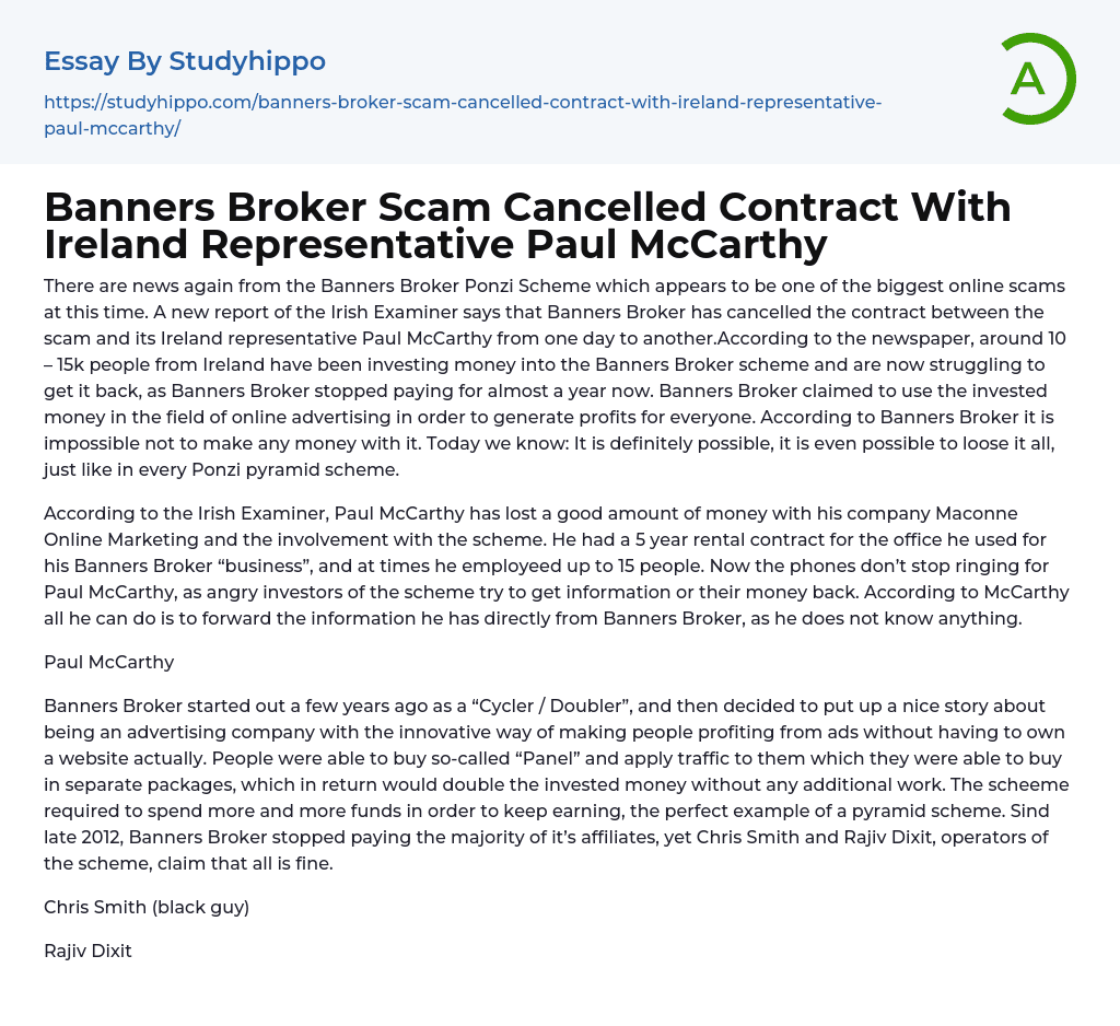 Banners Broker Scam Cancelled Contract With Ireland Representative Paul McCarthy Essay Example