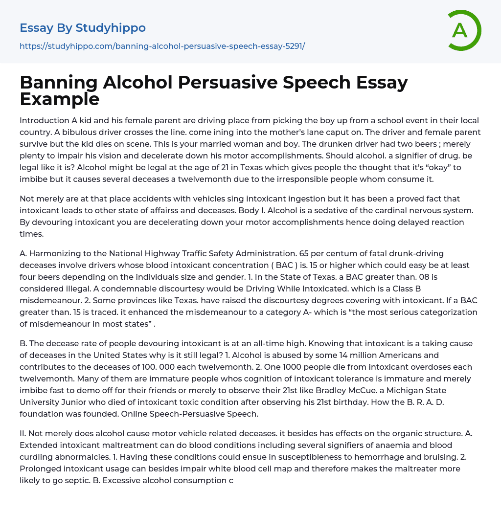 Banning Alcohol Persuasive Speech Essay Example