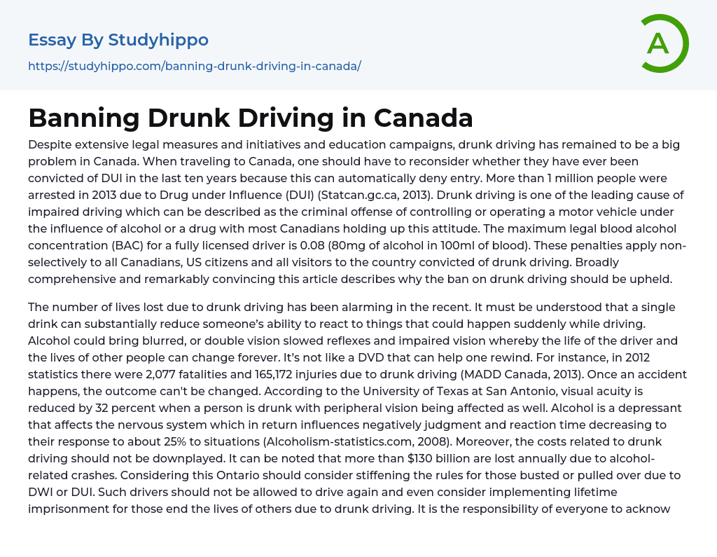 Banning Drunk Driving in Canada Essay Example