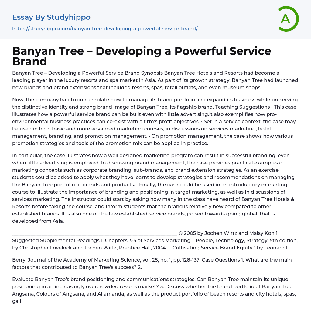 Banyan Tree – Developing a Powerful Service Brand Essay Example