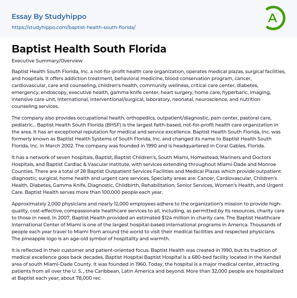 Baptist Health South Florida Essay Example