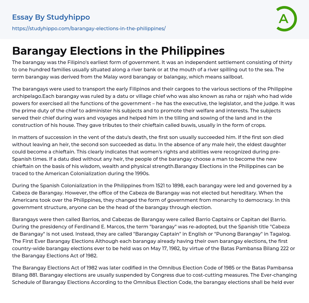 Barangay Elections in the Philippines Essay Example