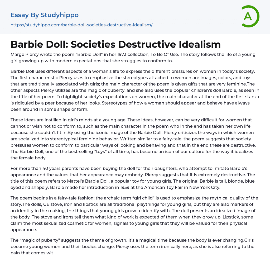 Barbie Doll: Societies Destructive Idealism Essay Example